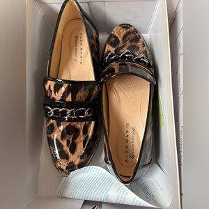 Alex Marie Leopard Patent Chain-Trim Loafers in Tan and Black